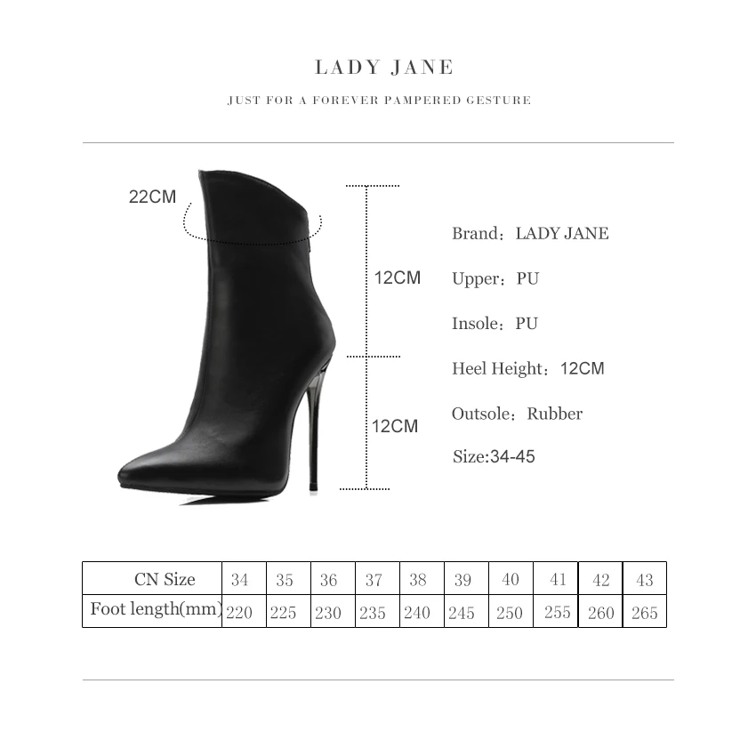 Lady Jane Stiletto Heels Pointed Toe Office Dress Ankle Boots Super High Heel 12cm PU Leather Party Winter Shoes Size 45 | Обувь