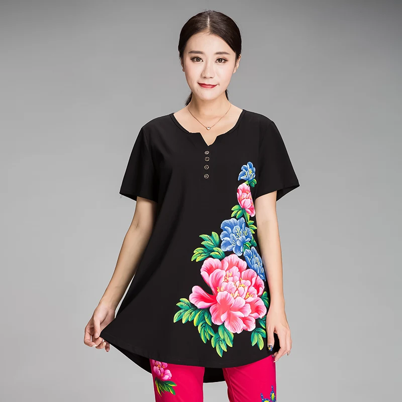 Новинка 2017 женская летняя длинная футболка плюс размер свободный крой китайский