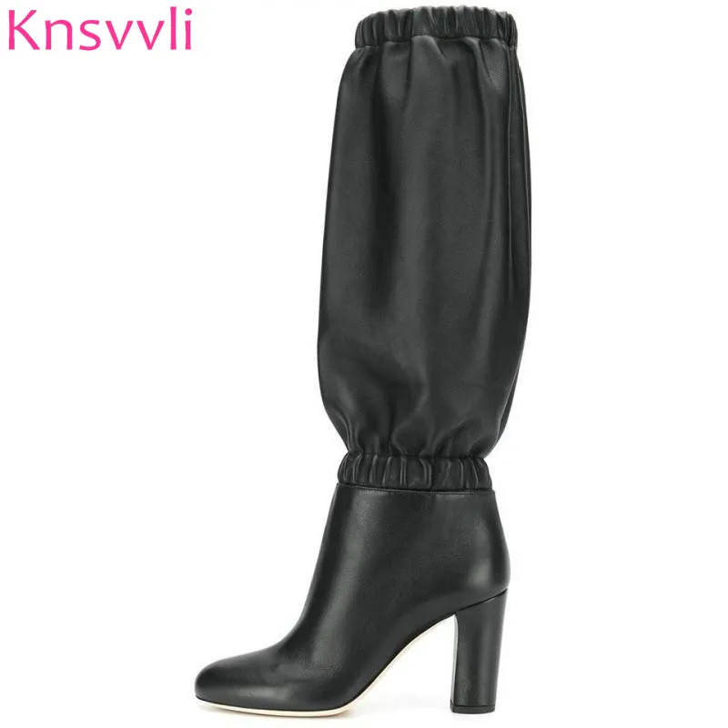 Knsvvli New Pleated Knee High Boots Women Round Toe Black Grey Autumn Shoes Ladies Elastic Strap Heels Botas Femininas | Обувь