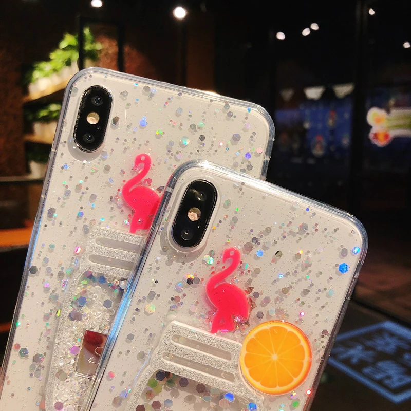 Cute Glitter Bling Transparent Liquid Flamingo Phone Case for iPhone 6 6s 7 8 Plus Glossy Soft For X XS Max XR Cover | Мобильные