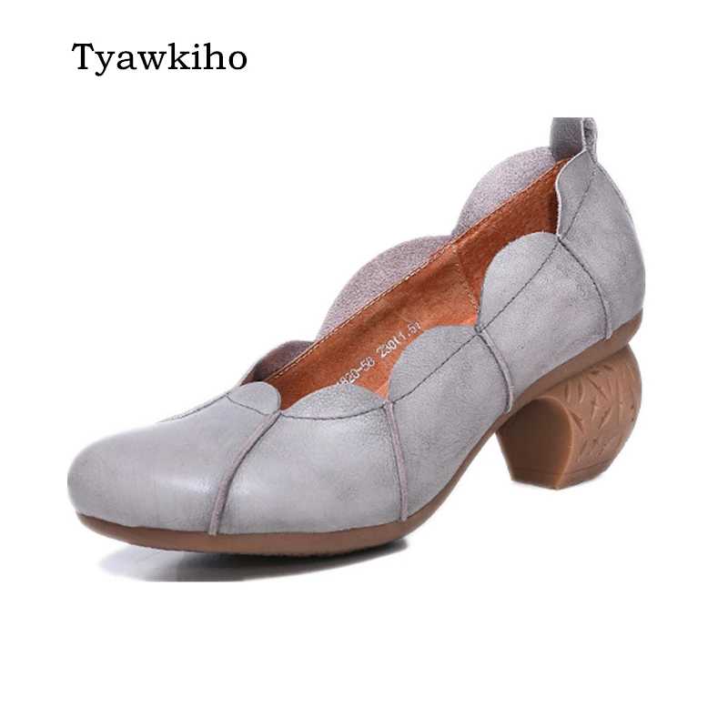 Tyawkiho/ г., весенние женские кожаные туфли-лодочки женская обувь серого цвета из натуральной кожи на высоком каблуке 5 см Брендовые женские туфли-лодочки ручной работы без застежки