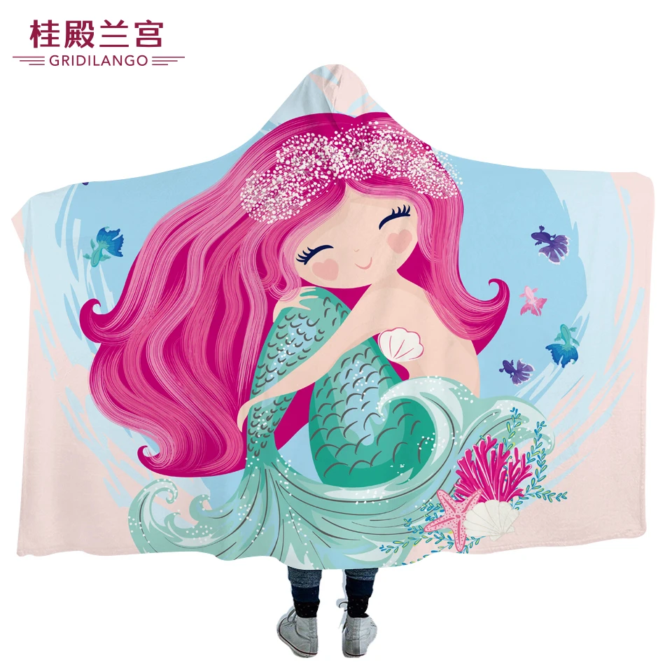 GRIDILANGO Custom Cartoon Pink Mermaid Microfiber Hooded Blanket for Kids Adults Girls Sherpa Fleece Wearable Blankets 150x200 | Дом и сад