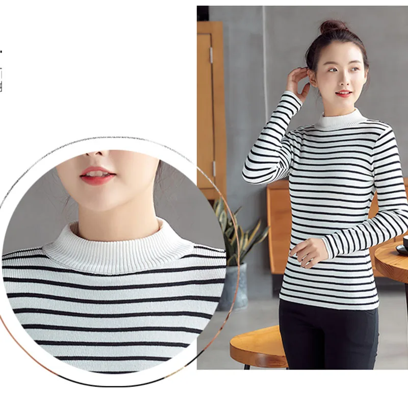 Striped Autumn Winter Pullover Sweater Women Warm Knitted Jumper High Elasticity Long Sleeves Femme Slim elegant Tops | Женская одежда