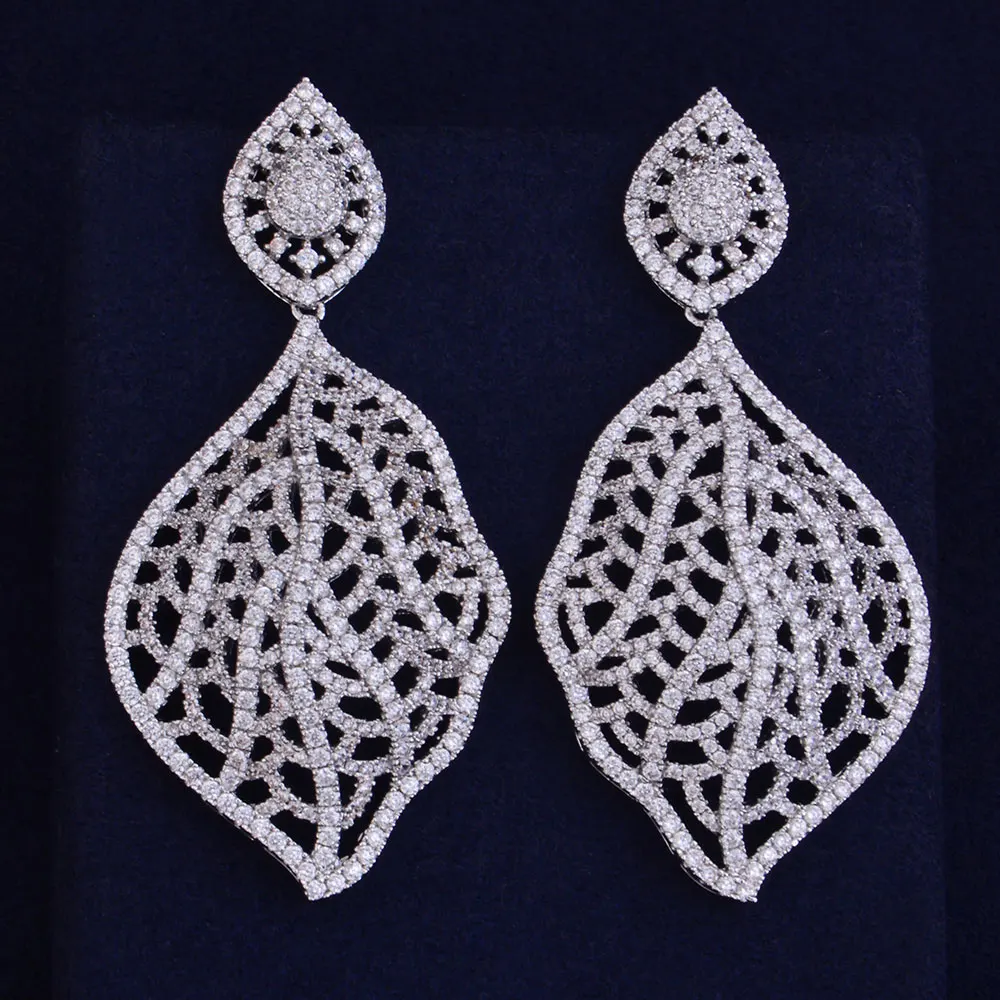 Женские серьги GODK 68 мм роскошные с пустотелым листом и фианитом|earrings fashion|women fashion