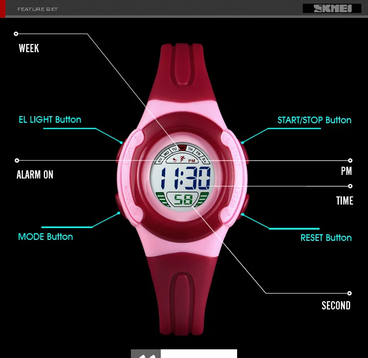 SKMEI Luminous Children Watch Fashion Digital Back Light 5Bar Waterproof Buckle Student Running Wristwatch Gril Boy Gift