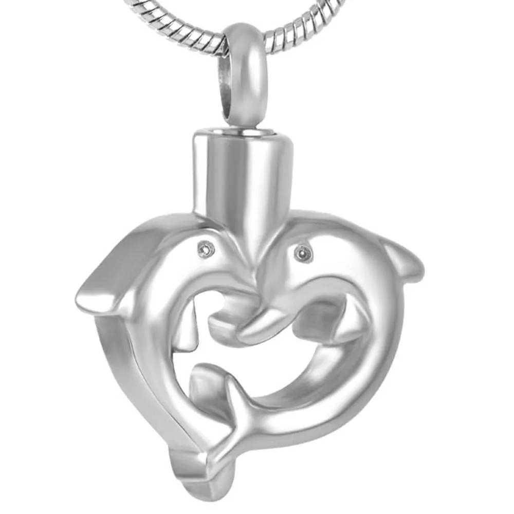 

MJD8491 2 Dolphins Kiss Heart Charms -316L Stainless Steel Cremation Keepsake Mini Ash Lockets Pendant With Chain
