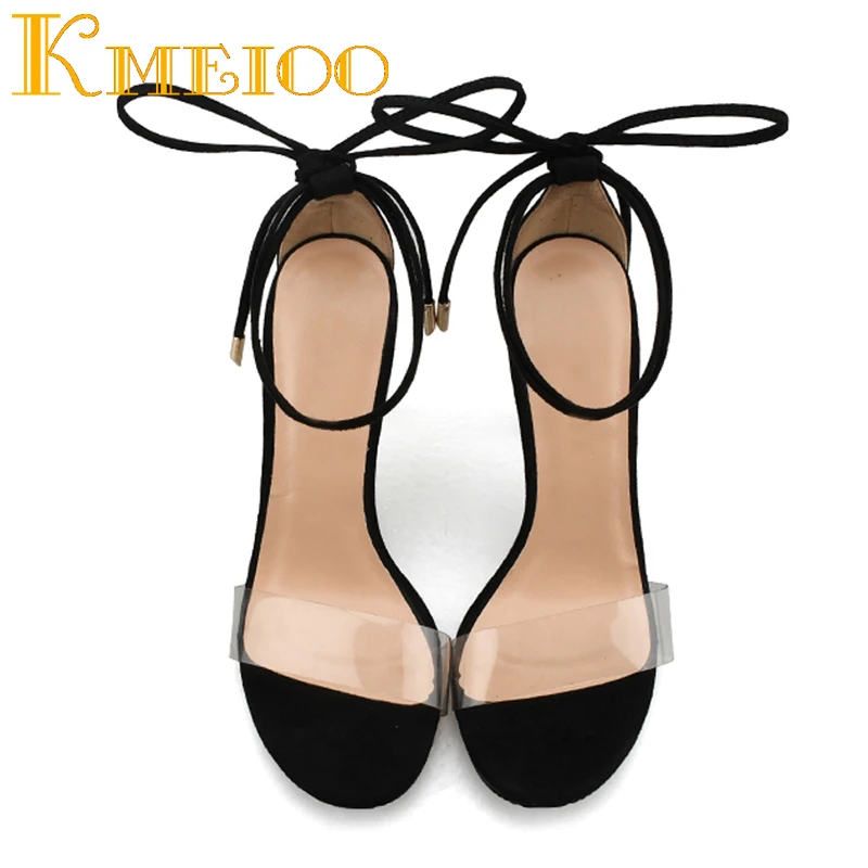 

Kmeioo Women Pumps Clear Perspex Pumps Transparent Sandals Lace Up Stilettos Ladies High Heels Wedding Shoes 10CM US Size 5-15