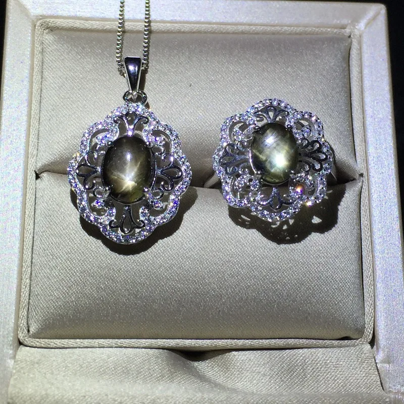 

KJJEAXCMY boutique jewels 925 Pure silver set with natural star sapphire pendant + necklace + ring set with simple chrysanthemum