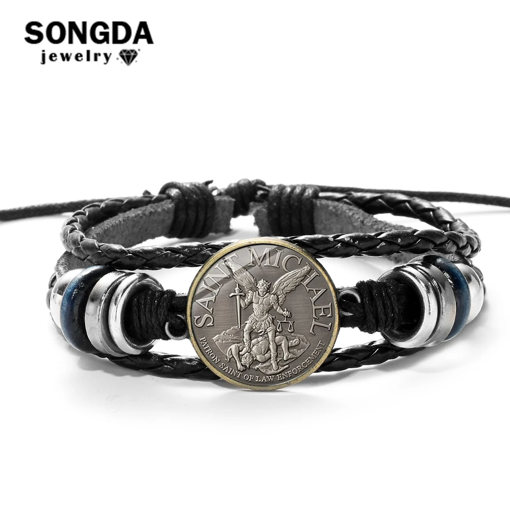 

SONGDA Legend Archangel St.Michael Leather Bracelet St.Michael Protect Us Saint Shield Protection Justice Charm Bracelet Amulet