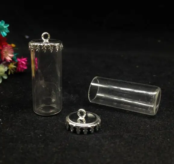 5pcs 28*12mm open jars tube shape glass vial pendant with crown tray glass wishing bottle necklace glass cover dome vase gifts images - 6