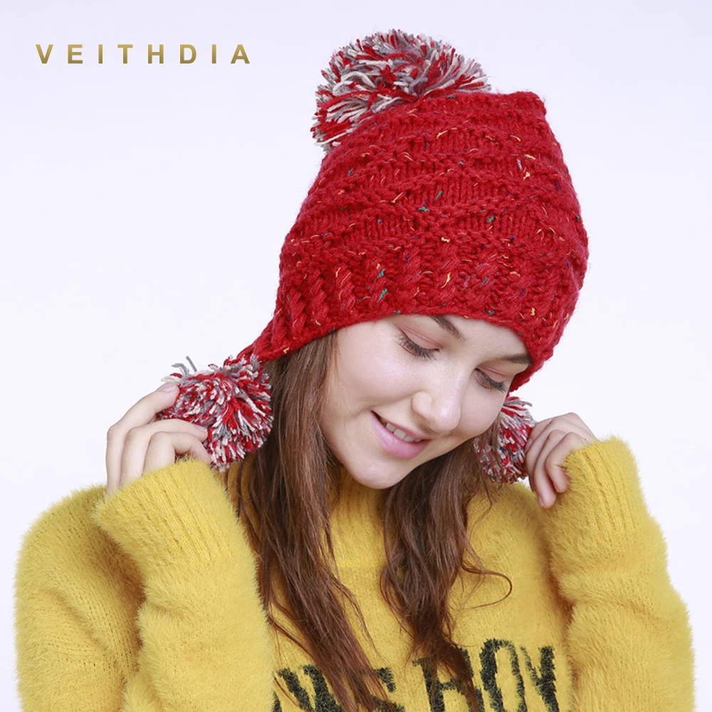 

Женская вязаная шапка VEITHDIA, Зимние Теплые Мешковатые шапки ручной работы с 3 помпонами для девочек, 2019