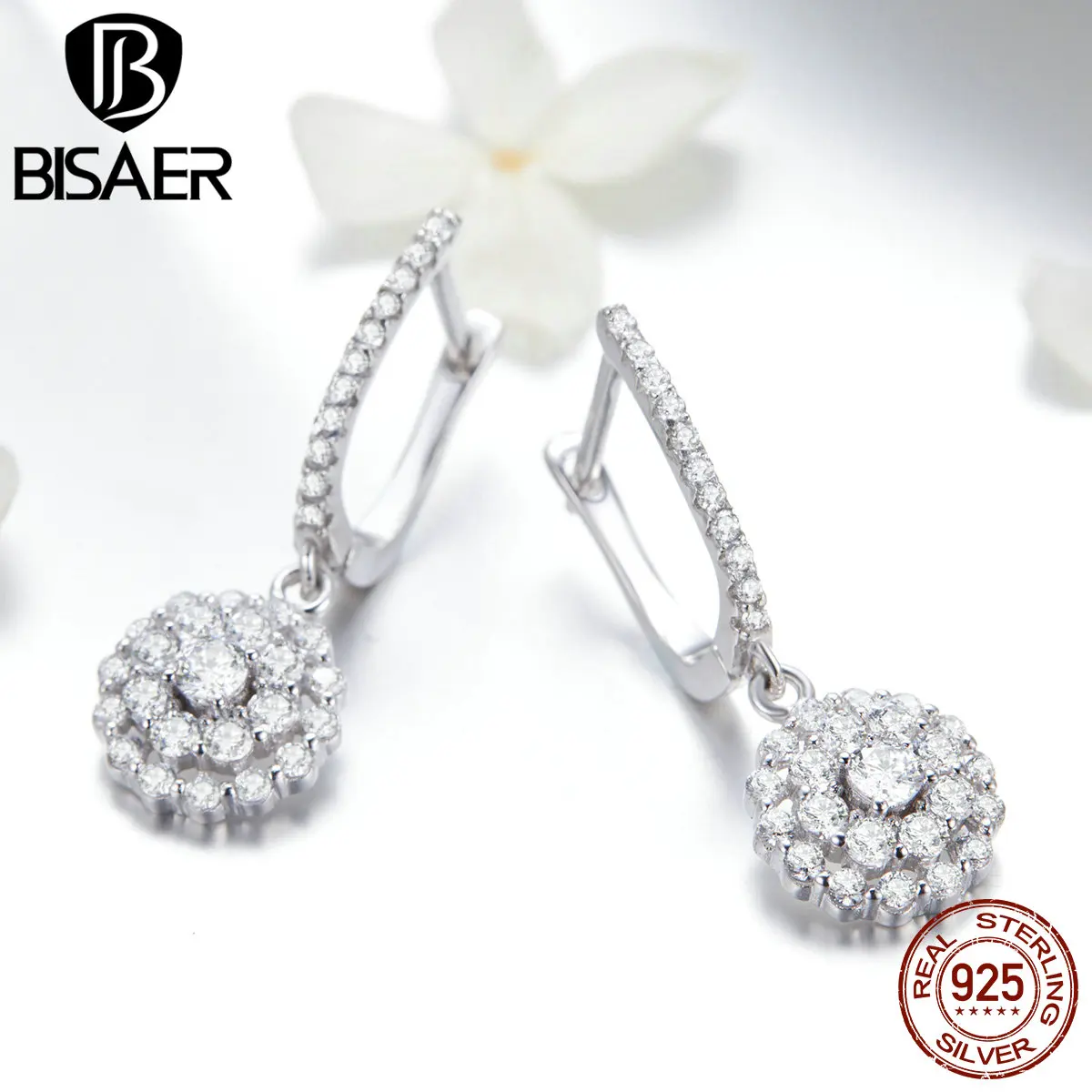 BISAER, модные, 925 пробы, серебряные, Кристальные, Круглые, серьги-гвоздики для женщин, циркониевые серьги, Стерлинговое Серебро, ювелирное изделие ECE517