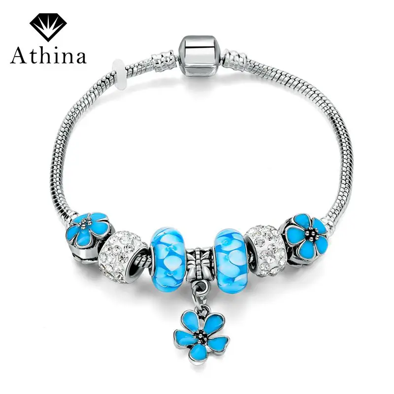 

2016 Fashion Silver Flower Women Bracelets Blue Murano Beads Bracelets & Bangles DIY Jewelry Pulseiras SBR160153