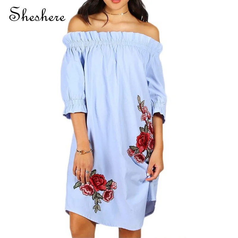 Sheshere женщины цветочная вышивка dress slash шеи с плеча оборками коротким рукавом