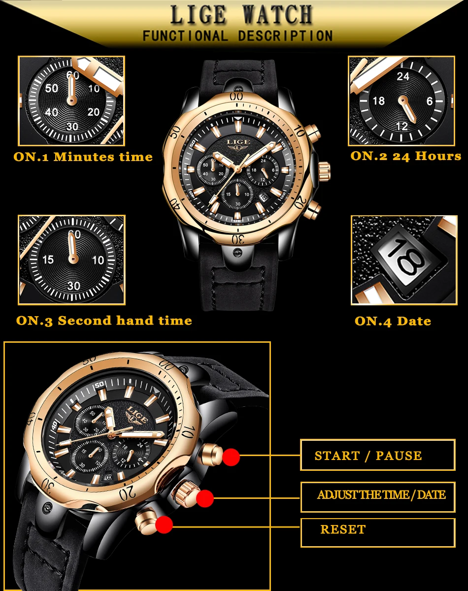 Relojes Hombre новые LIGE кварцевые наручные мужские часы с большим циферблатом золотые черные мужские часы с кожаным ремешком дикие спортивные водонепроницаемые хронограф