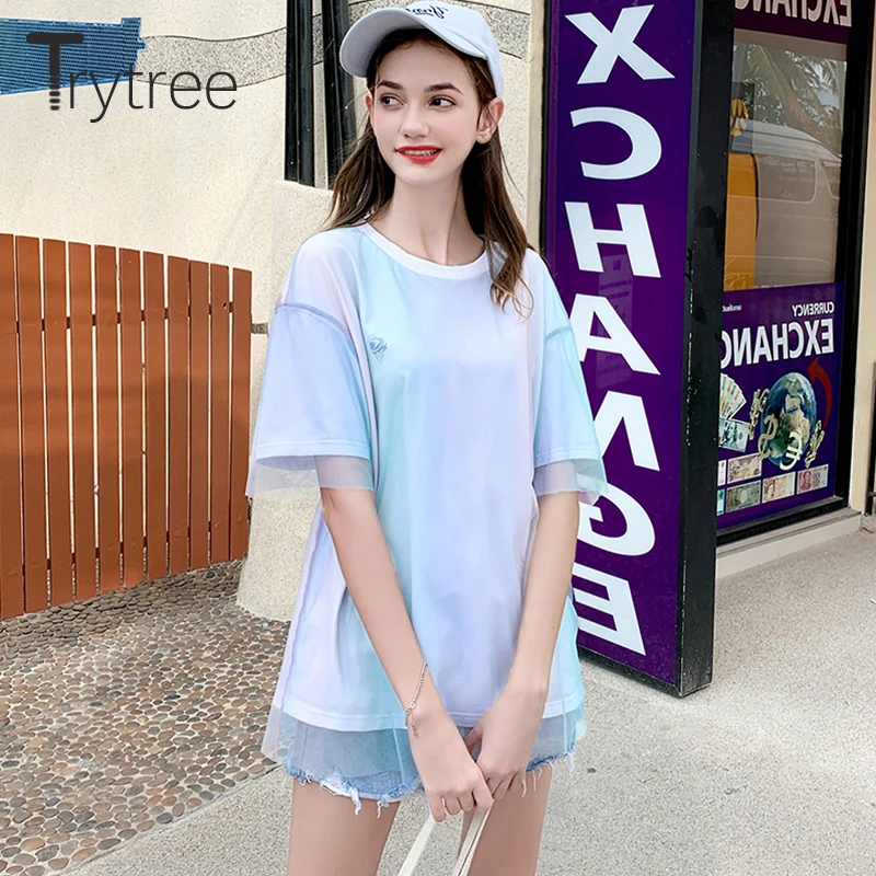 Trytree лето осень женская модная футболка короткий рукав двухслойная Лоскутная