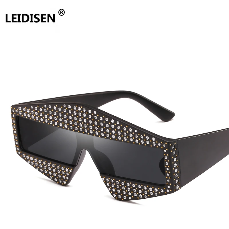 Женские солнцезащитные очки LEIDISEN большие прямоугольные со стразами UV400 2018|fashion sun