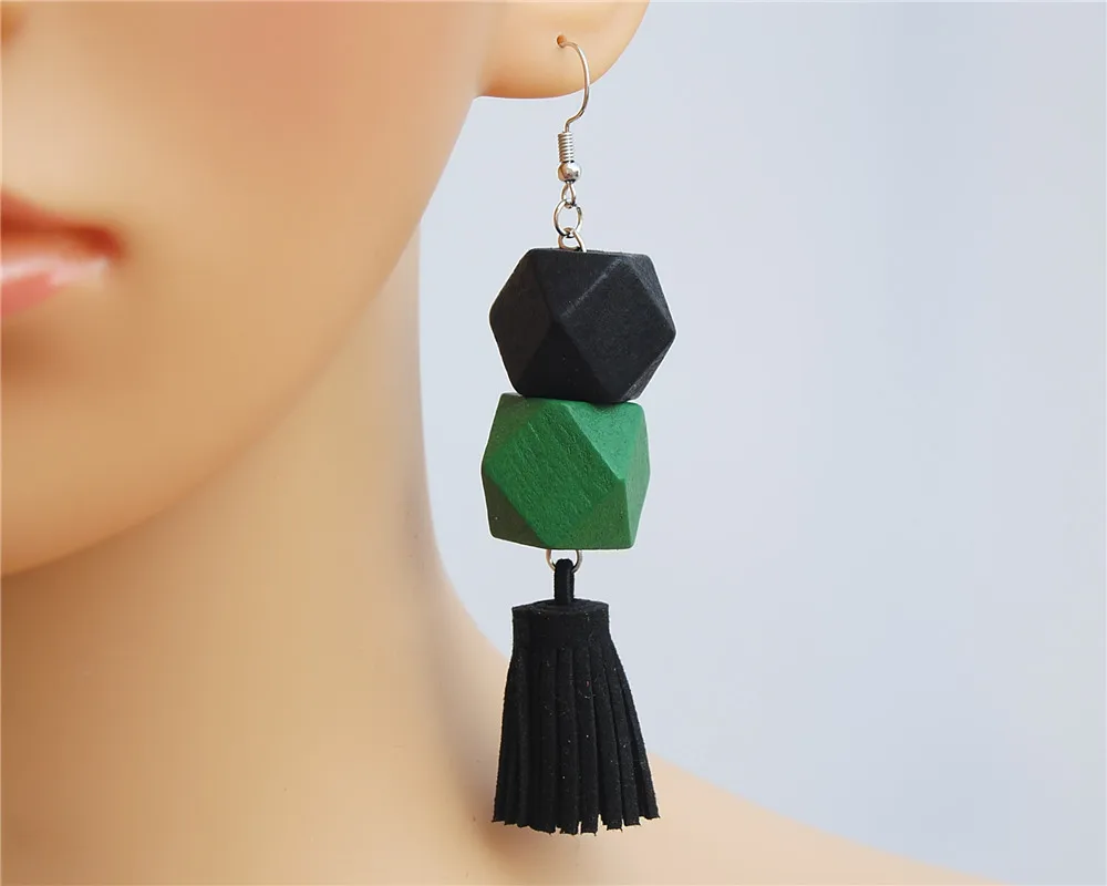 1 пара женские сережки Серые Черные Квадратные деревянные бусы черные замшевые