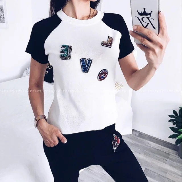 ALPHALMODA, модный летний свитер с аппликацией букв, топы+ штаны с цветочным принтом, женские вязаные костюмы из 2 предметов, стильные милые комплекты