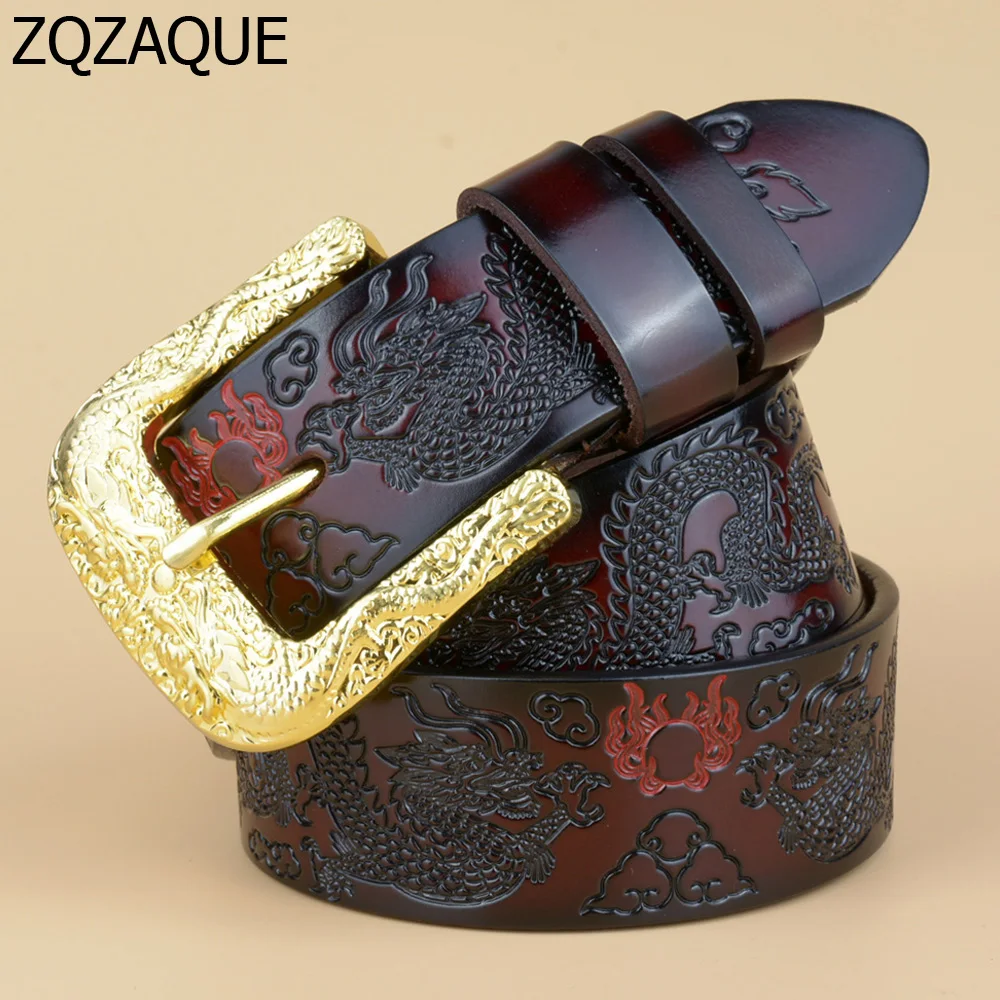 Мужской ремень из натуральной кожи с тиснением пряжкой в виде Золотого