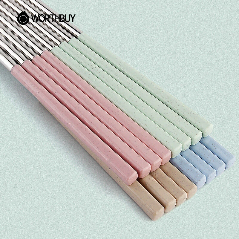 WORTHBUY, 8 пар, китайские палочки для еды, набор, 304, нержавеющая сталь, палочки для еды с ручкой из пшеничной соломы, палочки для суши, Хаши