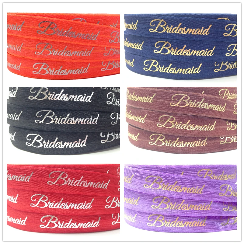 

10Y Gold&Silver Foil Bridesmaid Print Fold Over Elastic 5/8"Hot Sale FOE Ribbon for Wedding Gift Elastic Hair Band HairAccessory