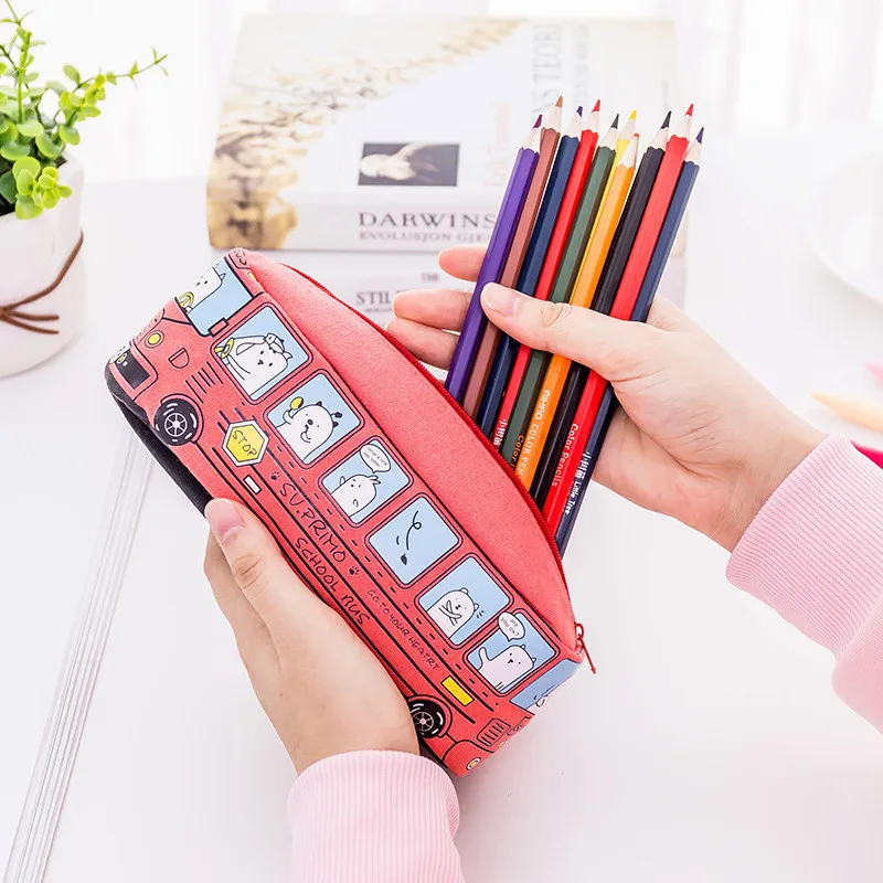 Fashion Kawaii Large Capacity School Bus Pen Pencil Case Creative Children Gift Supply Stationery Canvas Car Pencilcase | Канцтовары для