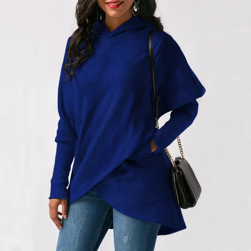 

Newly Women Irregular Hooded Hoodies Long Sleeve Sweatshirt Solid Pocket Pullover Tops m99