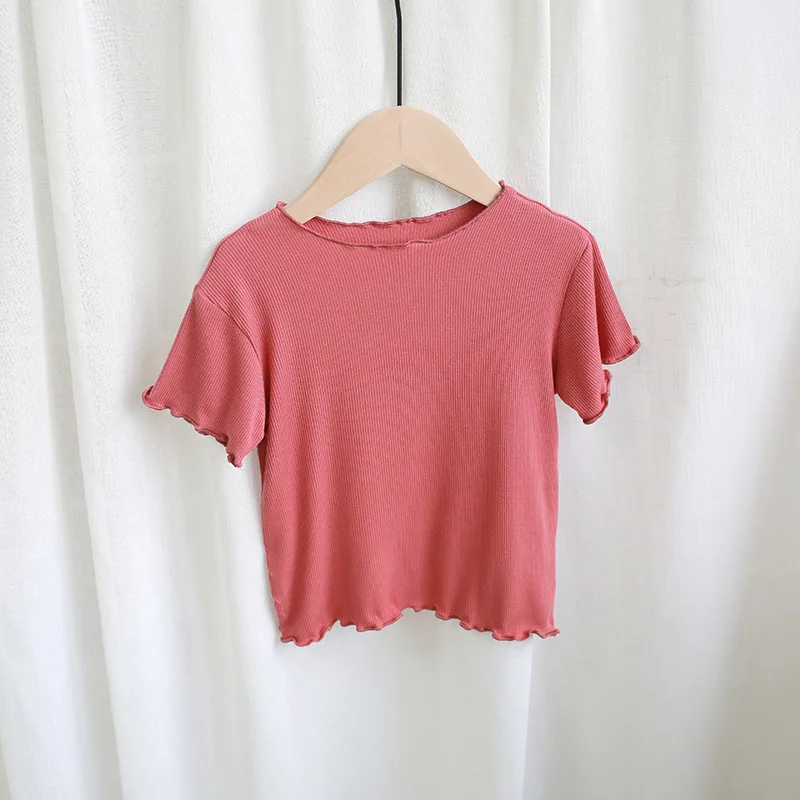 Orange red Тонкая футболка для малышей коллекция года, модная футболка с короткими рукавами для маленьких девочек летние топы для маленьких девочек с круглым вырезом, красивая детская одежда в полоску в рубчик - Цвет: Orange red