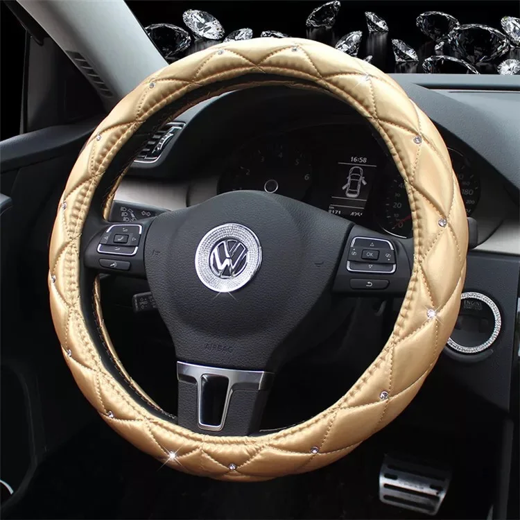 gold MUNIUREN кристалл кожаные чехлы рулевого колеса автомобиля Женская мода шипованные Стразы автомобильные аксессуары 15 дюймов 38 см - Название цвета: gold