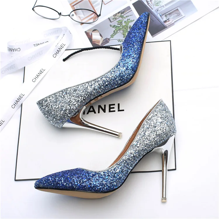 blue silver 10CM Обувь большого размера; женская обувь на высоком каблуке; коллекция года; Звездные брендовые свадебные туфли; модные вечерние туфли-лодочки; женские туфли на каблуке с золотыми блестками; zapatos de mujer - Цвет: blue silver 10CM