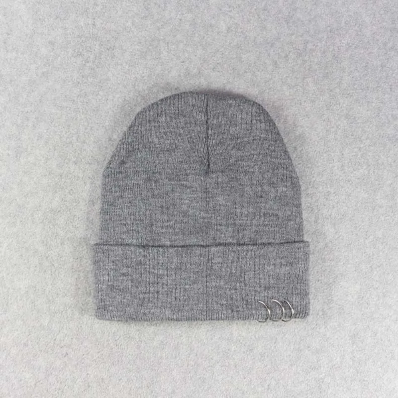 grey Зимние мужские и женские шапочки Harajuku StyleIron с кольцом и заклепками, шерстяная вязаная шапка Skullie Cold Hat для мужчин и женщин, Повседневная Кепка s унисекс - Цвет: grey