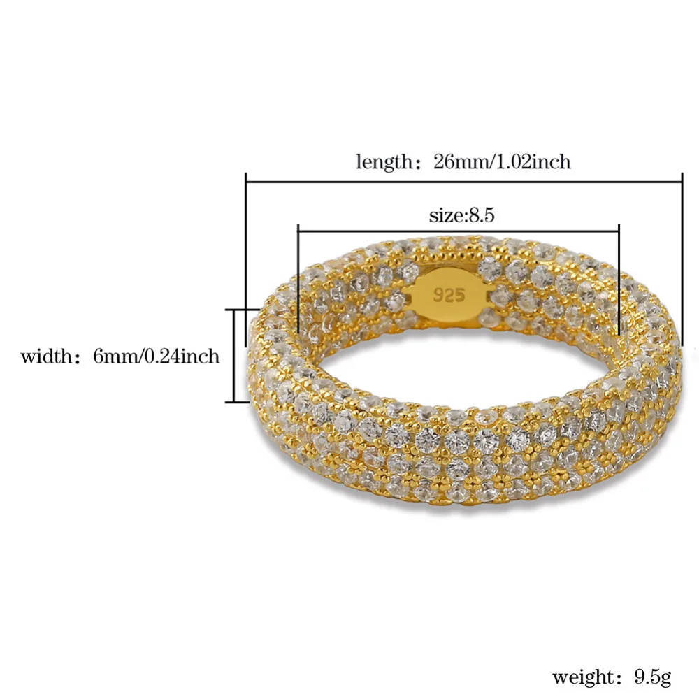 

Hip Hop 925 Sterling Stamp Ring Luxury Full Cubic Zircon Gold Charm Jewelry Punk Male Women Finger Rings Size 7-11