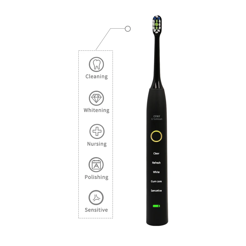 CFAY Электрический Зубная щётка Перезаряжаемые USB IPX7 Водонепроницаемый ультразвуковая зубная щетка таймер 4 шт Сменные головки для взрослых молодых 5 режимов