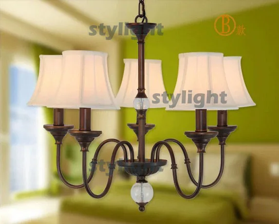 

5 heads American country style CRYSTAL BALL pendant lamp Dining Room Living Room bedroom Bar Light fabric shade Chandeliers