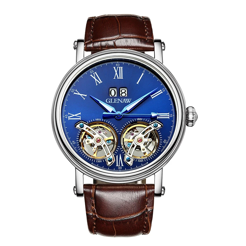 

GLENAW Automatic Watch Men Mechanical Clock Double Tourbillon Leather Men Watches Top Brand Luxury Waterproof Relogio Masculino