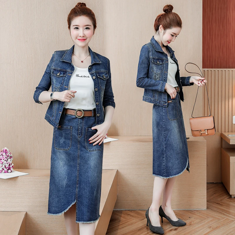 

New Women Denim jacket Two-Piece Sets Skirt Female Long-Sleeve Single-Breasted Coat+Irregular Denim Skirt Two-Piece Suit Female