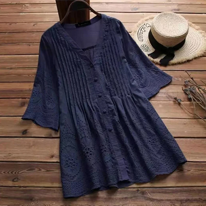 Свободные топы Блузка мешковатая Туника выдалбливают плиссированные пуговицы