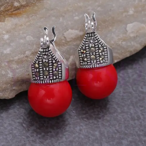 

earring fashion ladies Round Red Natural Stone Bead Vintage 925 Silver earrings female non pierced roses