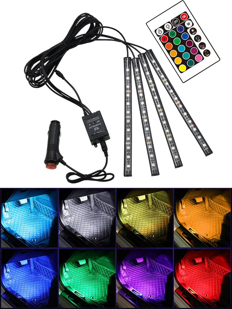 4pcs Car RGB LED Strip Light LED Strip Lights Colors Car Styling Decorative Atmosphere Lamps Car Interior Light With 12V