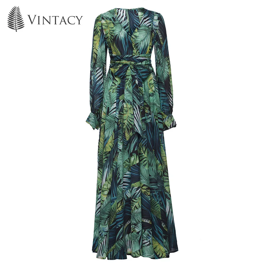 Vestidos, макси платье, винтажное пляжное платье с длинным рукавом, Тропическое, плюс размер, бохо, v-образный вырез, платье, пояс, шнуровка, туника, зеленое платье с принтом