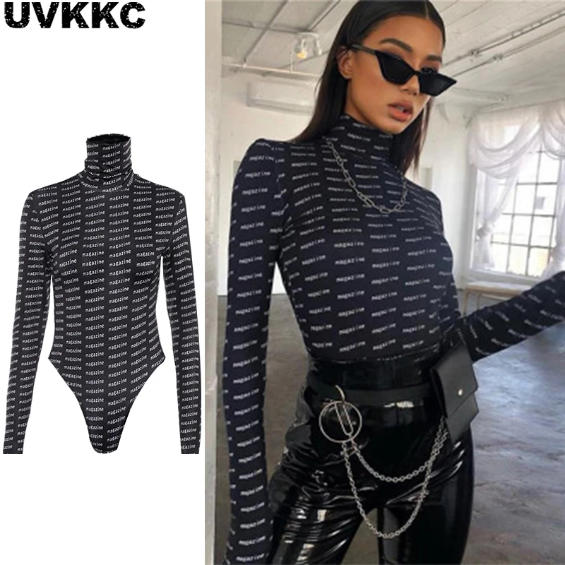 Uvkkc женские боди 2019 весенний Модный женский комбинезон с принтом буквы водолазка