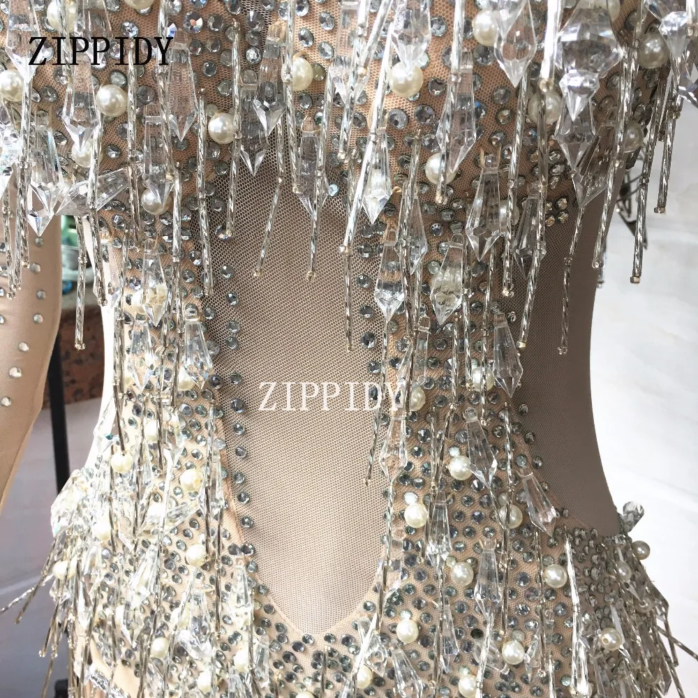 Sparkly Crystals Pendant Bodysuit Nude Mash Stretch Outfit Celebrate Tassels Leotard Rhinestones Costume Singer Sexy Clothes