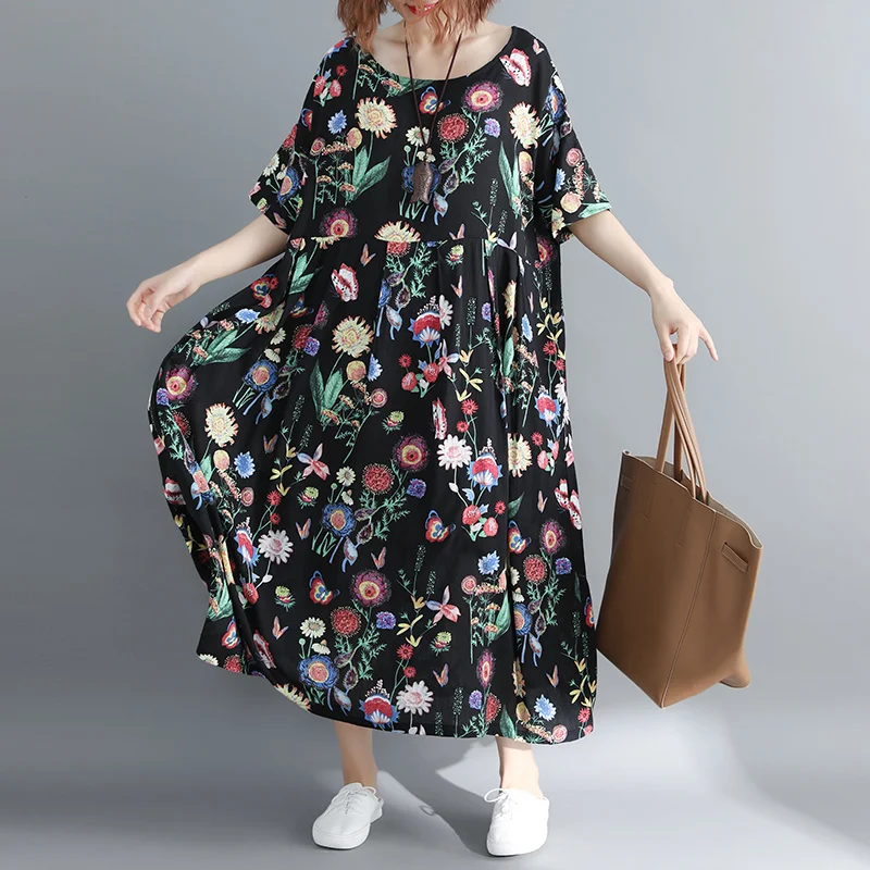 Женское платье с цветочным принтом Свободное длинное из хлопка и льна большие
