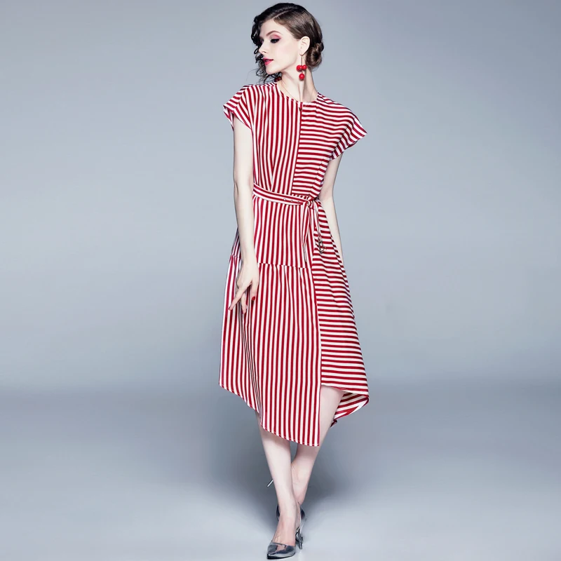 Dropped Shoulder Sleeve Asymmetric Shirt Dress Summer Vintage Office Lady Sashes Red Striped Print Casual Midi Party Dress