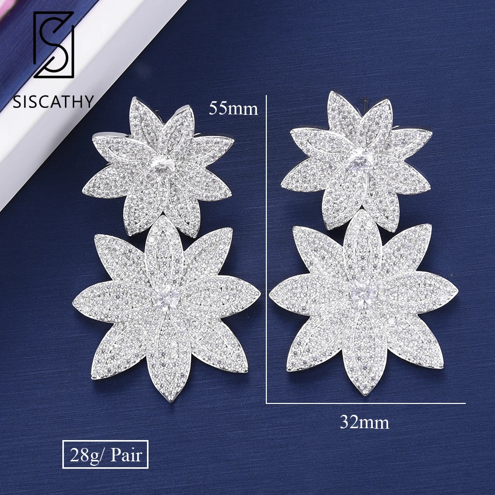 

SISCATHY Fashion Double Flowers Pendant Cubic Zirconia Drop Dangle Earrings For Nigerian Women Bride Wedding Engagement Party