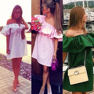 Женская туника с открытыми плечами Boho Сексуальная мини-рубашка оборками на