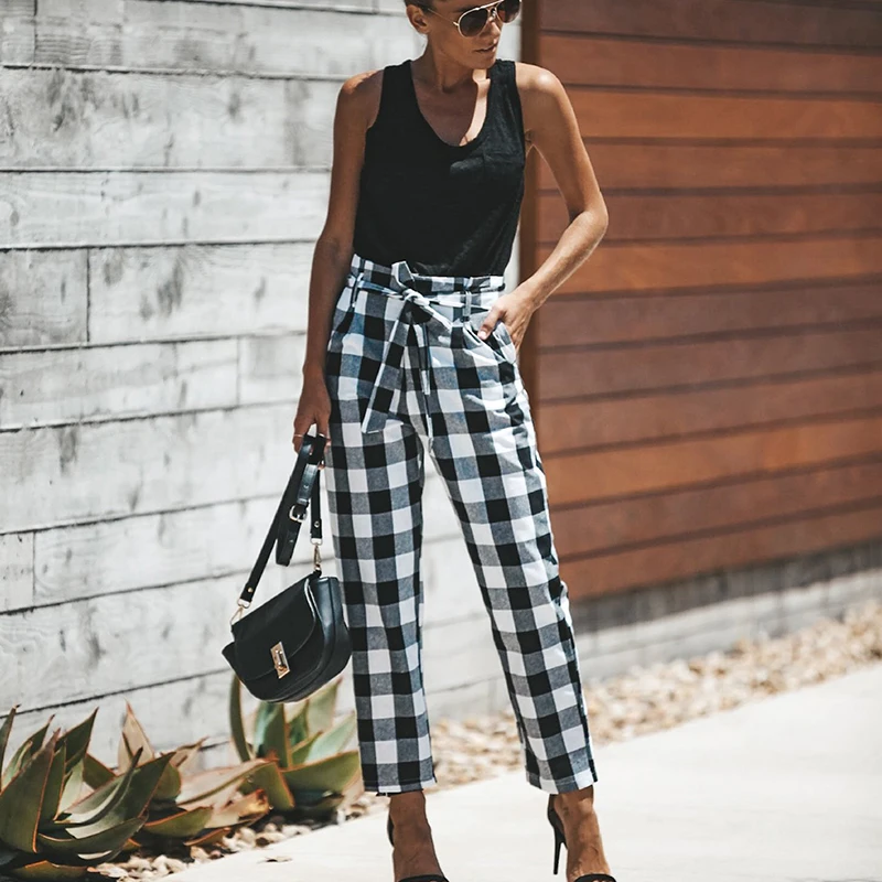 

Red Black Plaid Harem Pants Women Vogue Nice Fashion High Waist Pants For Female Casual Bow Tie Sweatpants Trousers Womens