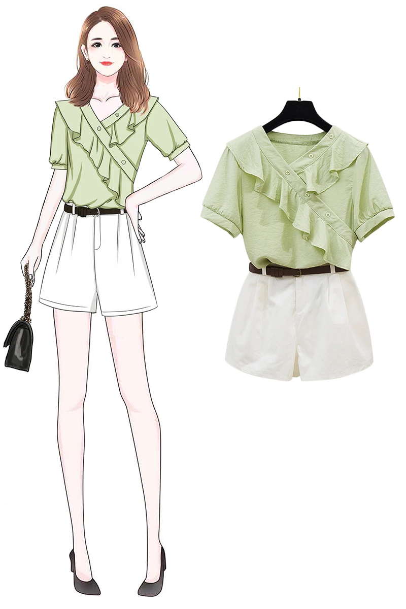 

fashion suits new summer chiffon v-neck flounce shirt of tall waist overalls short belt shorts ruffles top blouse sweet outfit