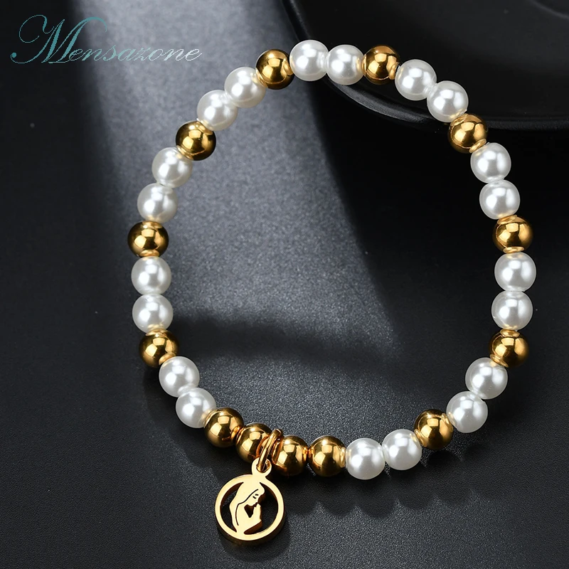 MENSAZONE Christian Gold Color Bracelet Religious Jewelry For Women Girls Beads Pearl Bracelets Gift Prayer | Украшения и